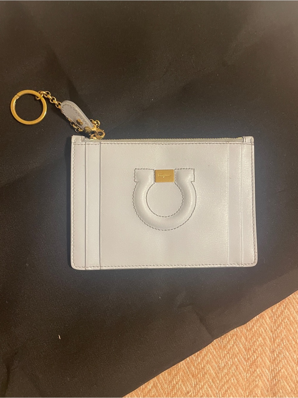 Salvatore Ferragamo Light Gray Leather Card Holder with Key Rings.